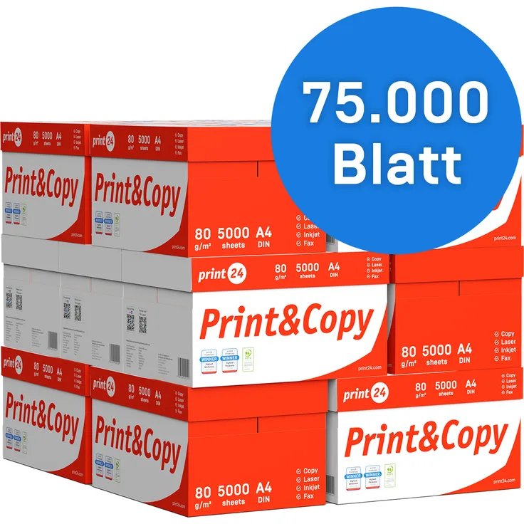 print24 Kopierpapier A4 80g, 75000 Blatt (150x500), Premium Druckerpapier, hochweiß CIE 160, PEFC-zertifiziert, Testsieger