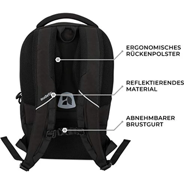 AUDETIC Schulrucksack Mädchen & Jungen Teenager Schwarz - AERO - Ergonomischer Rucksack mit vielen Fächern für Schule & Freizeit - Wasserabweisend – Bild 4