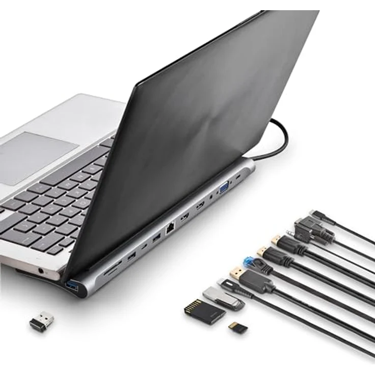NGS Wonder Dock 12 - USB 3.0 Typ-C-Hub, 12-in-1-Multiport-Hub, Power Delivery Schnellladung, HDMI, VGA, RJ45, SD/TF, breite Kompatibilität - Kompakt, 273x80x17mm, Aluminiumoptik – Bild 3