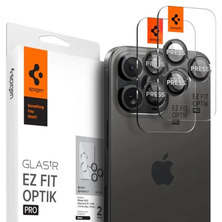 Spigen Glas.tR EZ Fit Optik Pro Kameraschutz für iPhone 15 Pro/Pro Max/14 Pro/Pro Max, 2 Stück, Schwarz, Individuelle Kameraprotektion, Anti-Kratzer – Bild 1