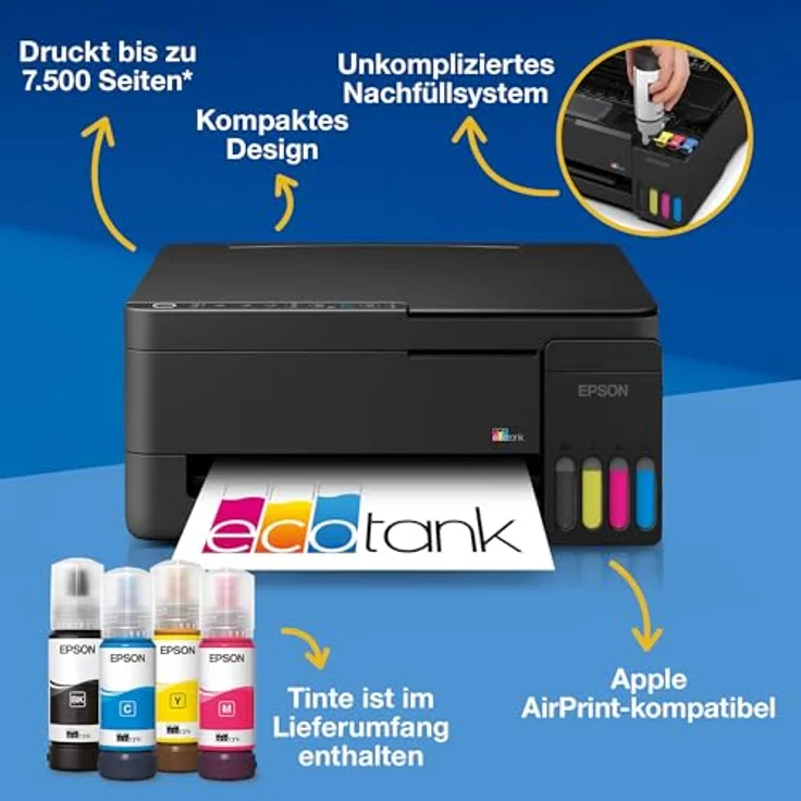 Epson EcoTank ET-2912, Multifunktionsdrucker mit Tintenbehältersystem, Farbe, drahtlose Konnektivität – Bild 2