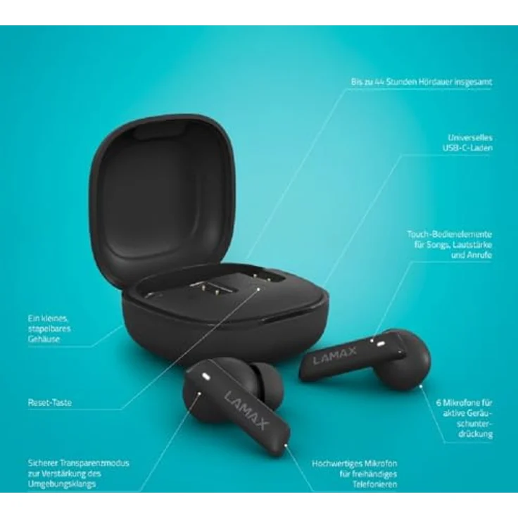 Lamax Clips1 ANC Black, Kabellose Kopfhörer mit Active Noise Cancelling (44 h), Schwarz – Bild 2
