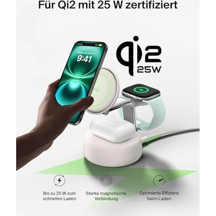Belkin UltraCharge Pro Qi2 Induktive Ladestation, 25W, 3-in-1 Ladegerät mit MagSafe-Kompatibilität, Wireless Charger für iPhone 16, Apple Watch und AirPods, mit ChillBoost Kühltechnik und 45-W-Adapter – Sandfarben – Bild 5