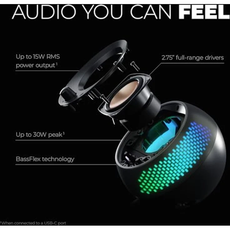 CREATIVE Pebble X 2.0 USB-C-Computerlautsprecher mit anpassbarer RGB-Beleuchtung, Bluetooth 5.3, bis zu 30 W Spitzenleistung, schwarz – Bild 3