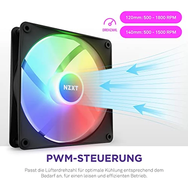NZXT F140 RGB Core – 140 mm nabenmontierter RGB-Lüfter – 8 einzeln ansteuerbare LEDs – Halbtransparente Lüfterblätter – Hydrodynamisches Gleitlager – PWM-Steuerung – CAM-Software – Schwarz – Bild 5