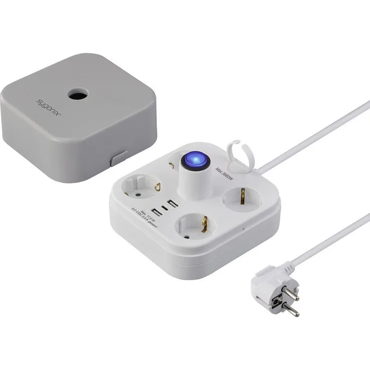 Sygonix SY-6788330 Steckdosenwürfel 4-fach Grau/Weiß mit 2x USB-A und 1x USB-C Ladeanschluss, 1.40 m Kabellänge