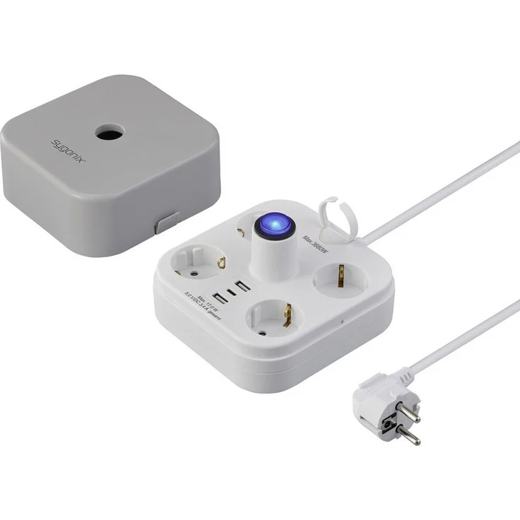 Sygonix SY-6788330 Steckdosenwürfel 4-fach Grau/Weiß mit 2x USB-A und 1x USB-C Ladeanschluss, 1.40 m Kabellänge
