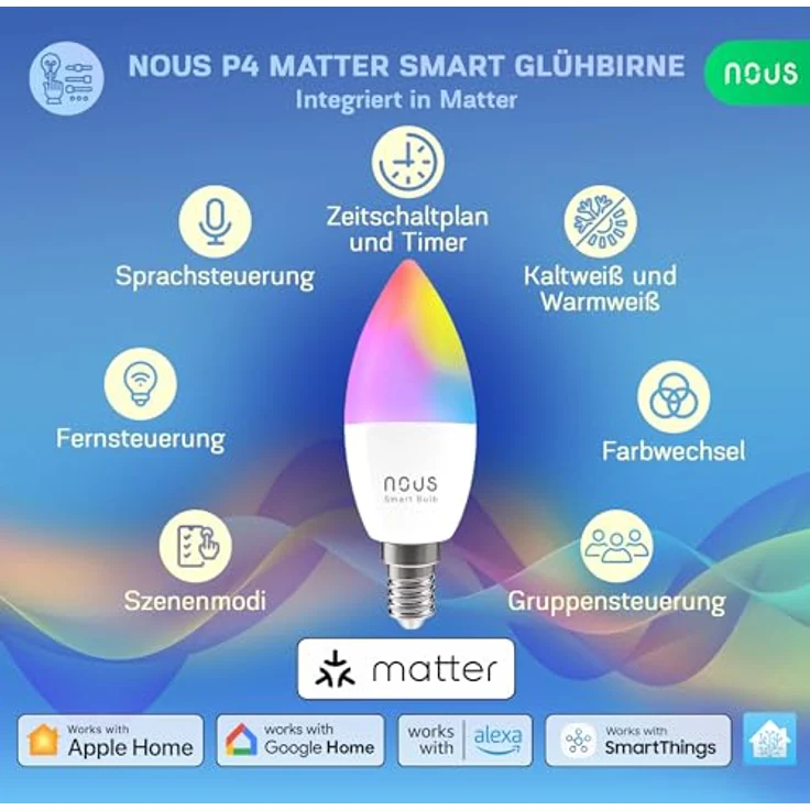 NOUS P4 Smarte WIFI Glühbirne RGB E14, LED Lampe mit Matter Protokoll, Alexa kompatibel, 9W, 16 Millionen Farben, Smart Life/Tuya App – Bild 2