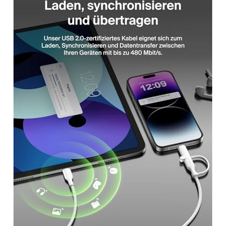 Belkin BoostCharge Pro USB Kabel 2-in-1, 1,5 m, USB-C/Lightning, 60 W, Weiß – Bild 7