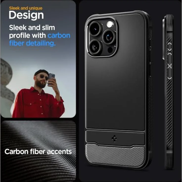 Spigen Rugged Armor MagFit Hülle Kompatibel mit iPhone 15 Pro Max -Matte Black, TPU mit Prägung im Karbon Look – Bild 3