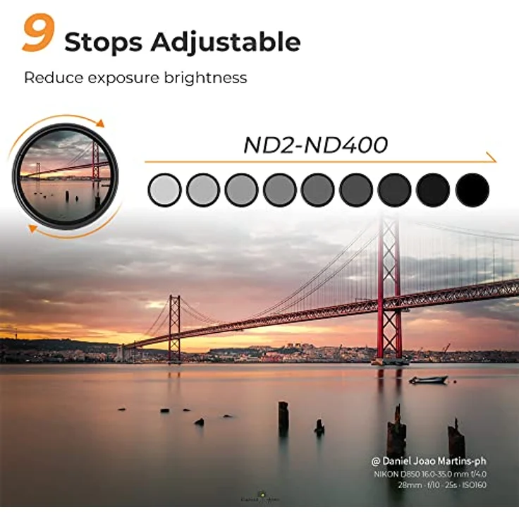 K&F Concept K-Serie 82mm ND Filter Slim Variabler Graufilter ND2-400 (1-9 Stop) Neutral Graufilter – Bild 3