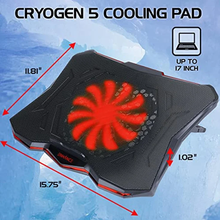 ENHANCE Cryogen 5 Laptop-Kühlpad-Ständer mit 7 Höhenoptionen, zwei USB-Anschlüssen, geeignet für Laptops bis 17 Zoll, 1 leiser 7-Zoll-Lüfter mit 800 U/min - Rot – Bild 3