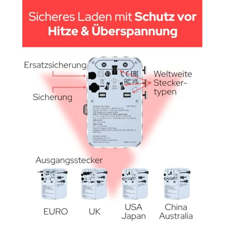 Verbatim Charge 'n' Travel 100W Universaler Reiseadapter, mit einziehbarem USB-C-Kabel, GaN III-Technologie, 7-in-1 Ladefunktion, EU/UK/US/AUS Steckformat – Bild 5