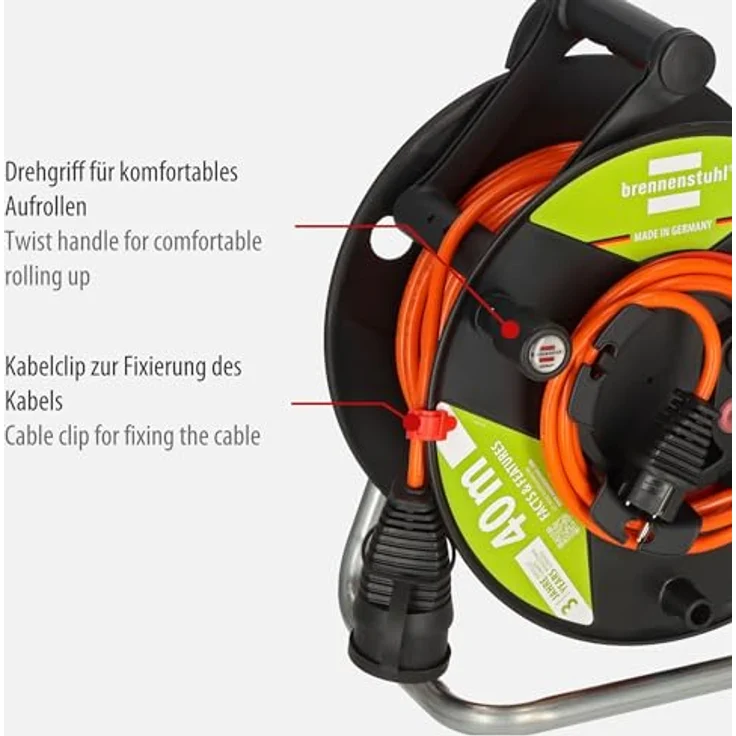 Brennenstuhl Garant G Bretec IP44 Gartenkabeltrommel mit recycelten Kunststoff-Komponenten, 40m Kabel in orange, Made in Germany – Bild 3