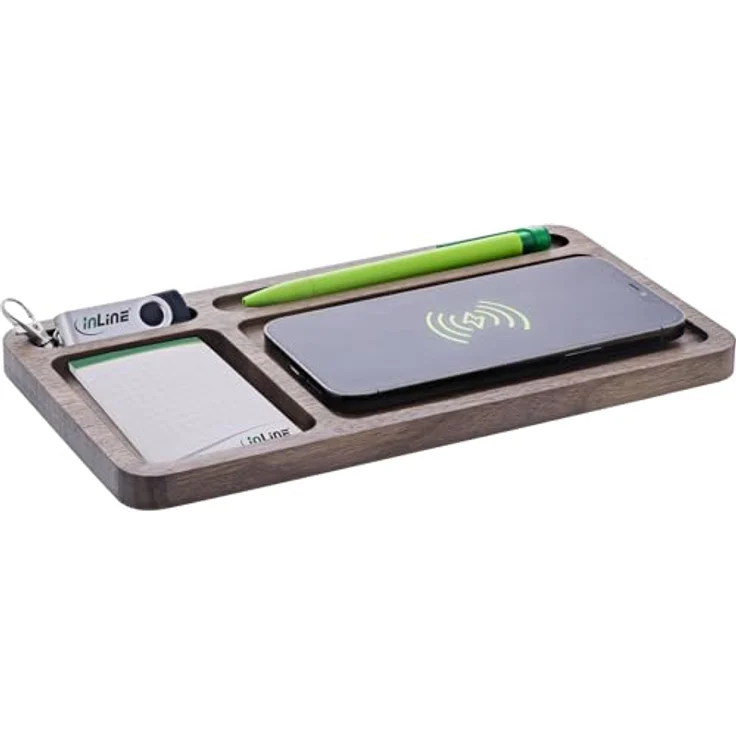 InLine® WoodCharge Organizer mit integrierter Qi-Ladefläche aus Walnuß-Holz - Kabelloses Laden und praktische Stauraumflächen – Bild 3