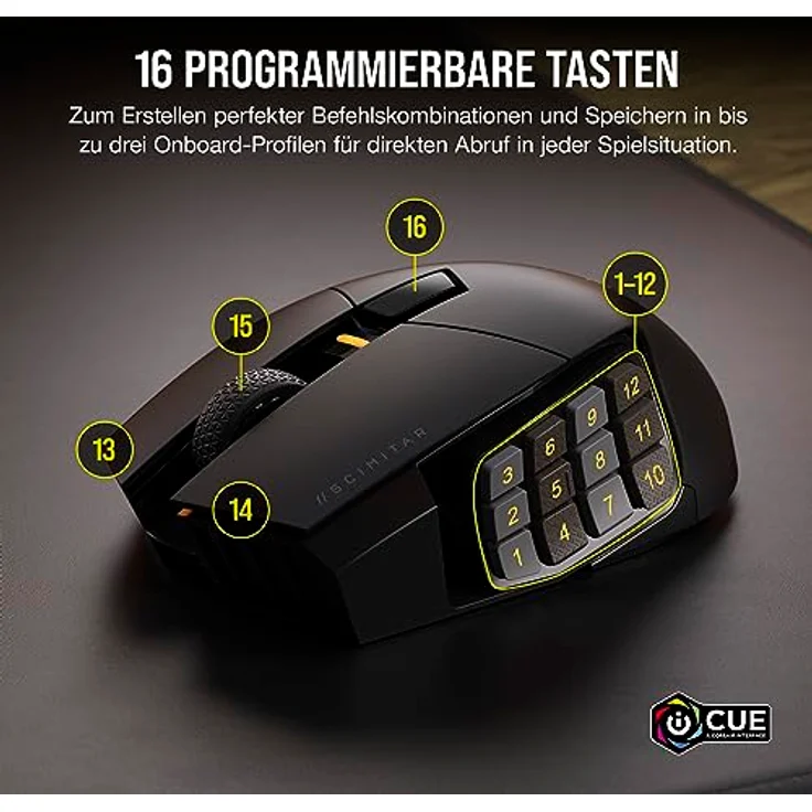 Corsair Scimitar Elite RGB Wireless MMO Gaming Mouse - 26.000 DPI - 16 Programmierbare Tasten - Bis zu 150 Stunden Akkulaufzeit - iCUE-Kompatibel - Schwarz – Bild 3