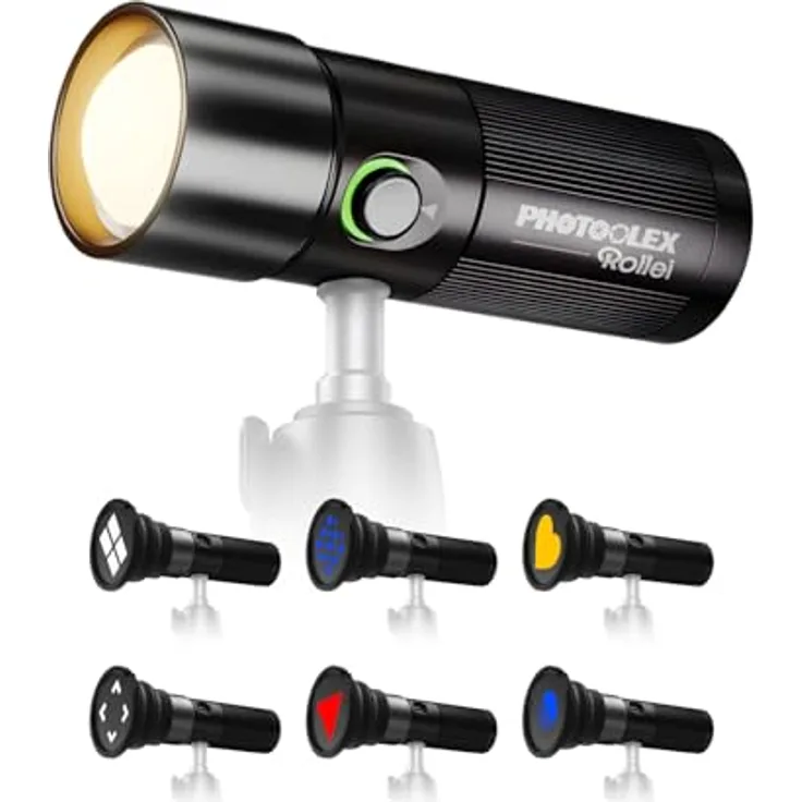 Rollei Photoolex GOBO Light, LED Taschenlampe Fotografie mit 10 Watt Leistung, 4 Farben (Rot, Blau, Gelb, Weiß), 19 GOBO Aufsätzen, 8400 mAh Akku und Diffusor für professionelle Video-Beleuchtung
