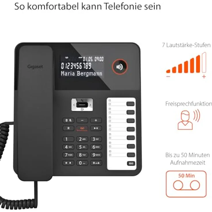 Gigaset Desk 800A - Schnurgebundenes Telefon mit Anrufbeantworter - dreizeiliges LCD-Display - 5 Wege Navigationstaste - Freisprechfunktion - MFV- oder Impulswahl, schwarz [Deutsche Version] – Bild 2