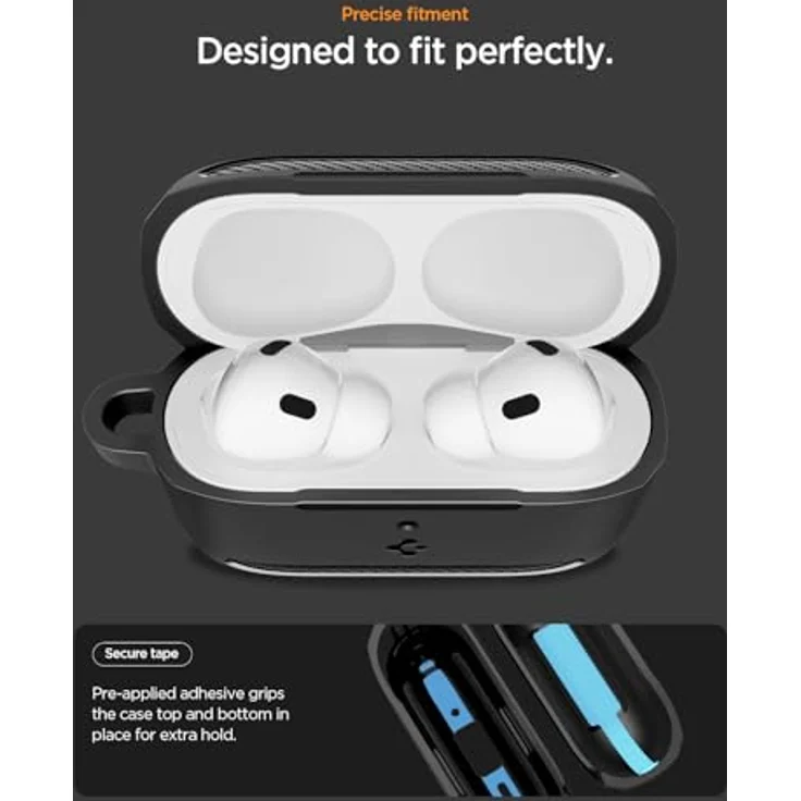 Spigen Rugged Armor Hülle Case für AirPods Pro 3. Generation (2025), Matt Schwarz, TPU-Gehäuse mit Karabiner und kabellosem Laden – Bild 5