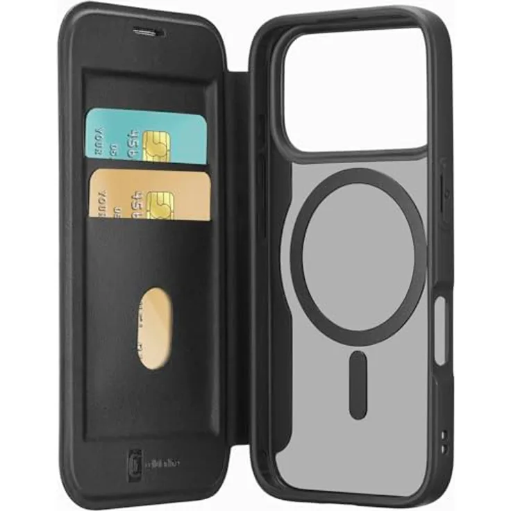 Cellularline Book Case Daily für Apple iPhone 17 Pro, transparente schwarze Handyhülle mit MagSafe-Kompatibilität und kratzfester Rückseite