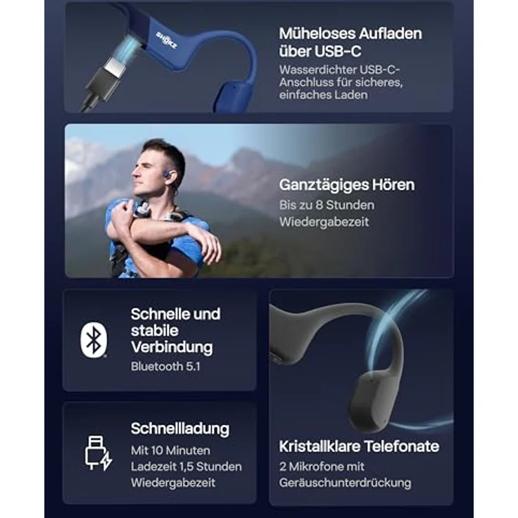 Shokz Openrun Sport Kopfhörer - Bone Conduction Technologie, kabellos, Blau mit integriertem Mikrofon und digitaler Geräuschunterdrückung – Bild 7