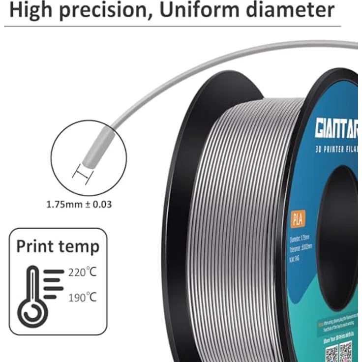 GIANTARM PLA Filament 1.75mm, 1kg Spule in Silber, hohe Präzision und Kompatibilität, vakuumverpackt – Bild 2