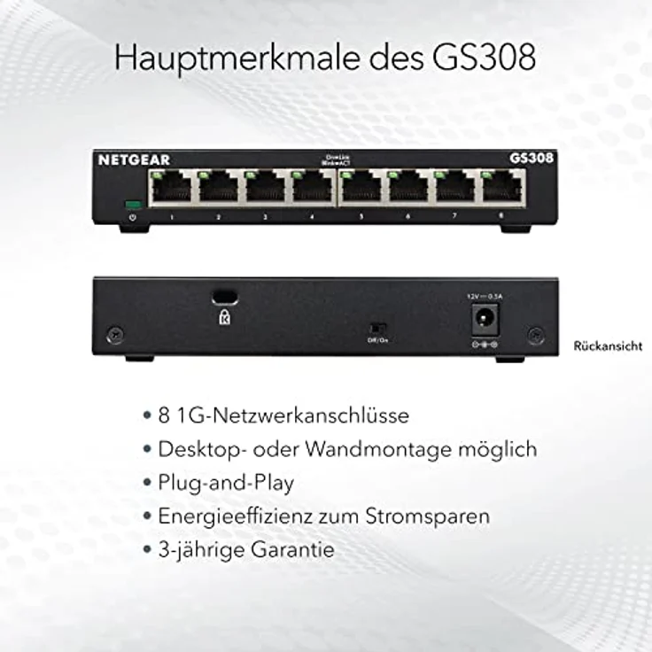 Netgear GS308 Switch 8 Port Gigabit Ethernet LAN Switch (Netzwerk Switch für Desktop, Plug-and-Play LAN Verteiler, energieffizienter Hub, LAN Splitter lüfterlos, robustes Metallgehäuse) – Bild 5