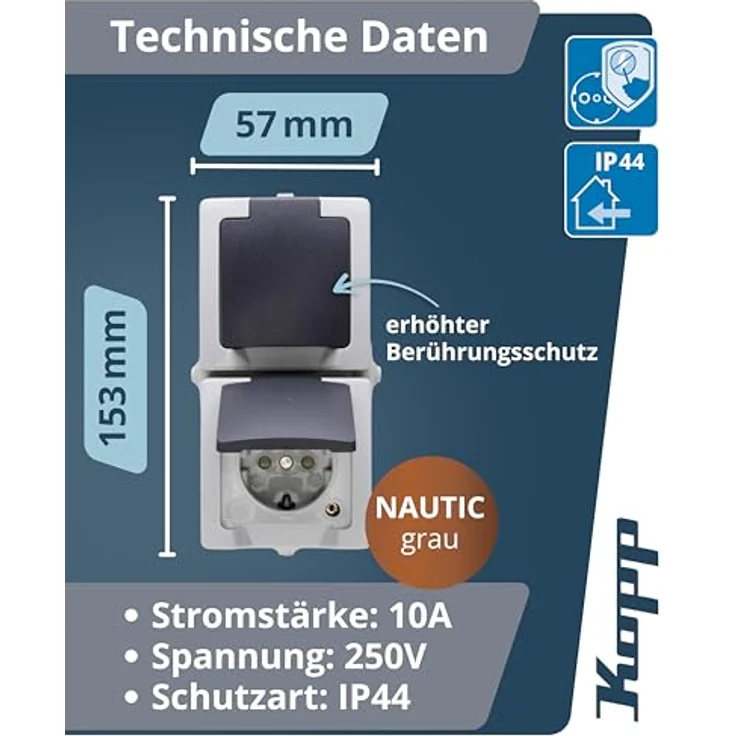 Kopp NAUTIC 2-fach Schutzkontakt-Steckdose mit Klappdeckel, grau - IP44 Feuchtraumsteckdose mit erhöhtem Berührungsschutz, 16A / 250V~, senkrechte Installation – Bild 2