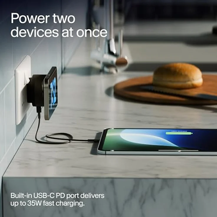Twelve South PowerBug 35W USB-C PD & 15W Qi Wandladegerät, Schwarz - Schnelles kabelloses Laden mit integriertem USB-C-Anschluss und iOS StandBy-Unterstützung – Bild 3