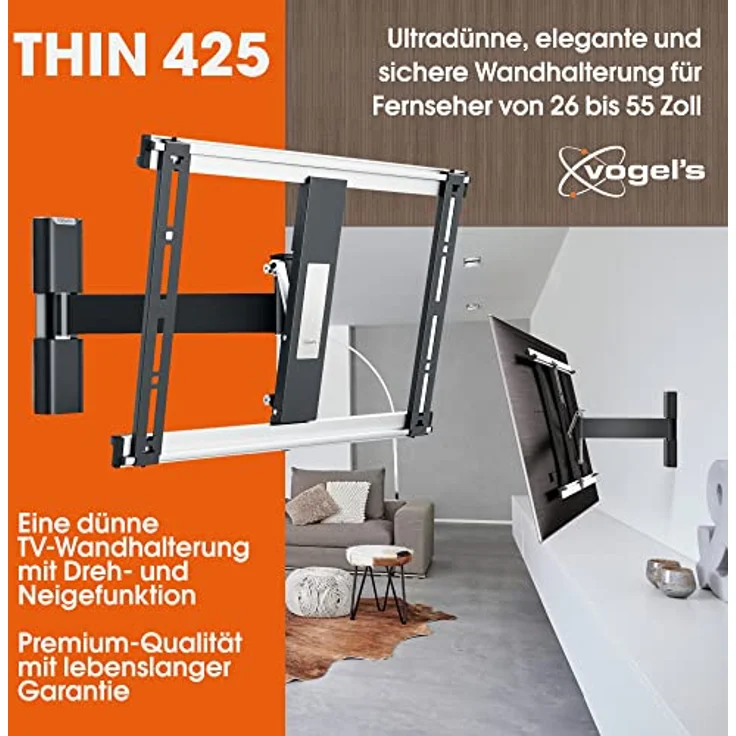 Vogel's THIN 425 TV Wandhalterung für 66-140 cm (26-55 Zoll) Fernseher, schwenkbar und neigbar, max. 18 kg, Vesa max. 400 x 400, schwarz – Bild 2