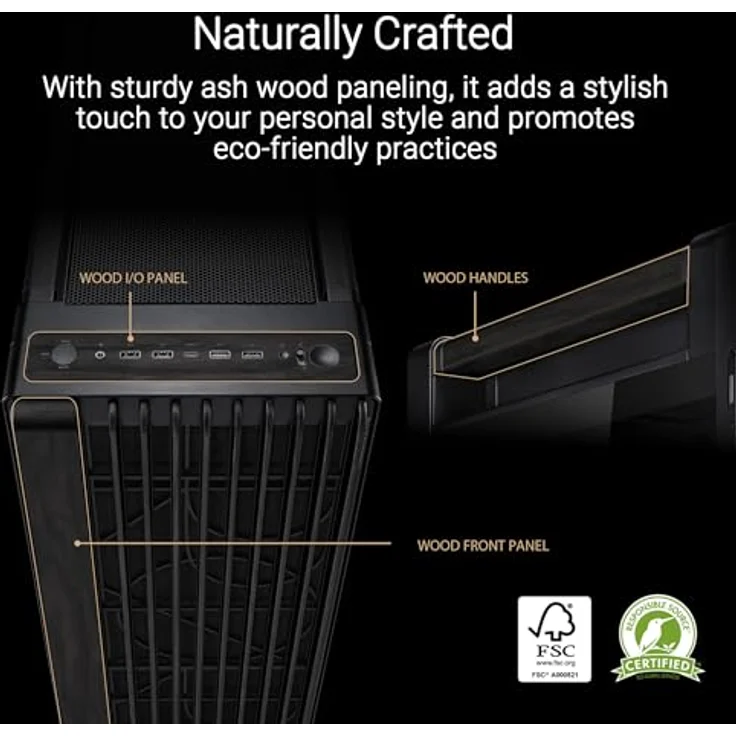 ASUS ProArt PA602 Wood Edition E-ATX PC Gehäuse (zertifiziertes Holz, vorinstallierte Systemlüfter, unterstützt 420 mm Radiator, USB Typ-C 20Gbps) – Bild 2