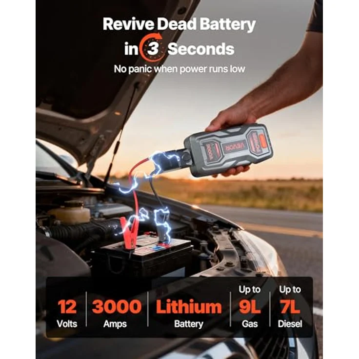 VEVOR Starthilfe Powerbank H18, 3000A Spitzenstrom mit LED-Taschenlampe, für Motoren bis 9L Benzin/7L Diesel, 16000mAh, tragbarer Booster mit Schnellladung und Sicherheitsschutz – Bild 2