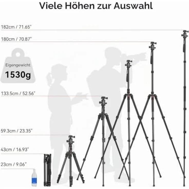 SmallRig Kamerastativ, 180,3 cm, faltbares Aluminium-Stativ/Einbeinstativ mit 360°-Kugelkopf, max. Nutzlast 15 kg, verstellbare Höhe 40,6 cm bis 180,3 cm für Kamera und Telefon – Bild 2