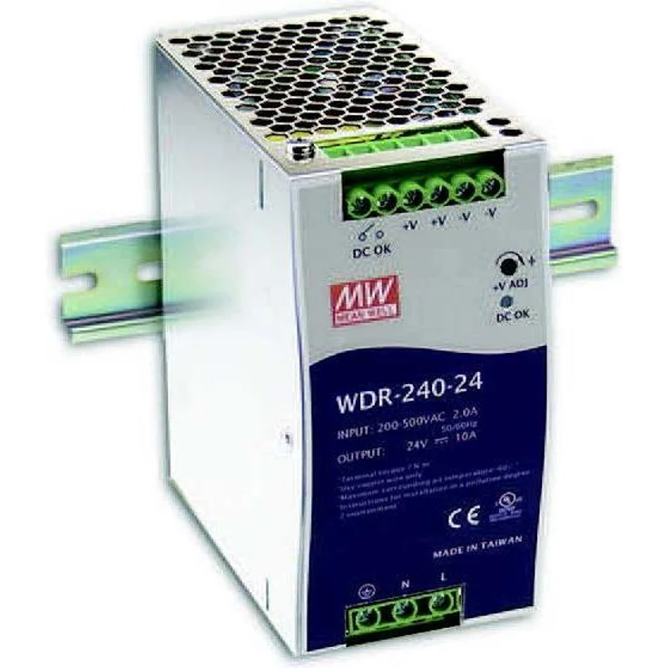 MeanWell WDR-240-24, 240 W PC Netzteil mit 180-550 VAC Eingangsspannung, 24 V DC Ausgang und 91% Effizienz, Überspannungsschutz