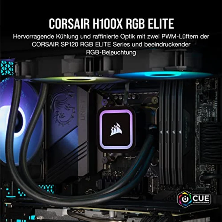 Corsair H100x RGB Elite CPU-Flüssigkeitskühler - 16 Dynamische RGB-LEDs - SP120 RGB Elite Series PWM-Lüfter - Sockel Intel® LGA 1700, 1200, 115X, 2066, AMD® AM5/AM4 - Schwarz – Bild 2