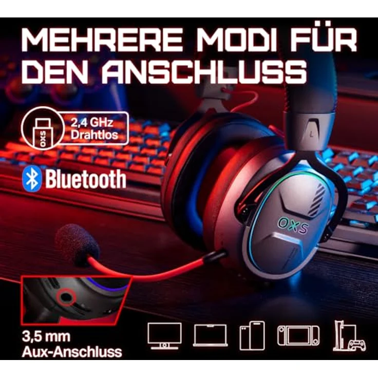 OXS Storm G2 Kabelloses Gaming-Headset, 7,1 Virtual Surround Sound, 3 EQ Modi, 2,4 GHz Niedrige Latenz, 50 mm Treiber, RGB Beleuchtung, Bluetooth 5.3, Schwarz – Bild 5