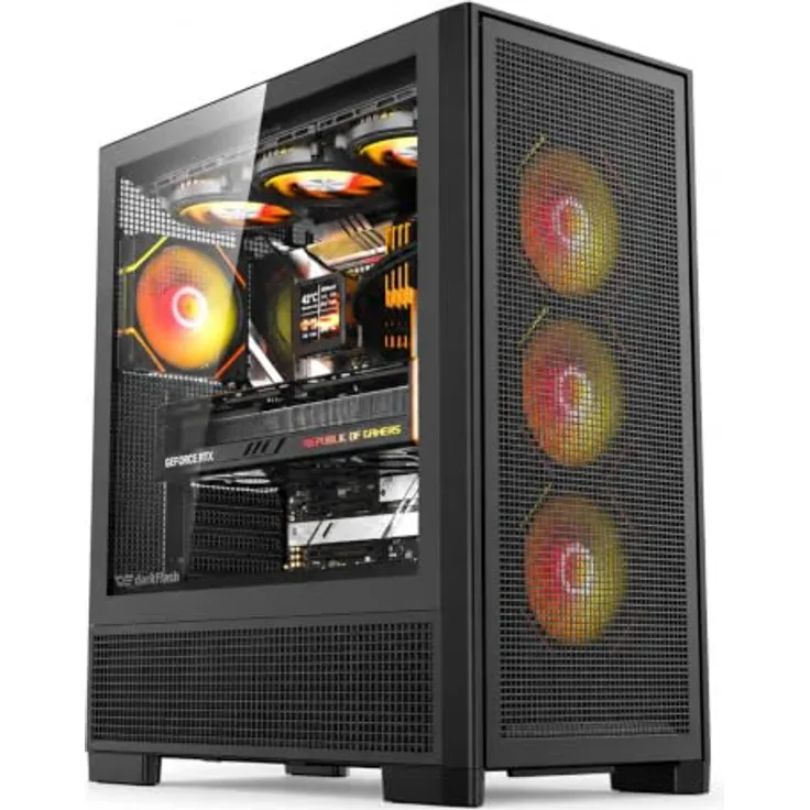 darkFlash AIRNOVA BLK +3F, Big-Tower Computergehäuse mit 3x 120-mm-Lüftern und USB-Typ-C-Anschluss, schwarz