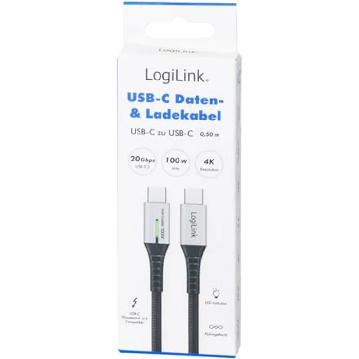 LogiLink CU0431 USB3.2 Kabel, USB-C M/USB-C M, 100W Power Delivery, mit LED-Anzeige, Metallgehäuse, 0,5m, schwarz – Bild 6