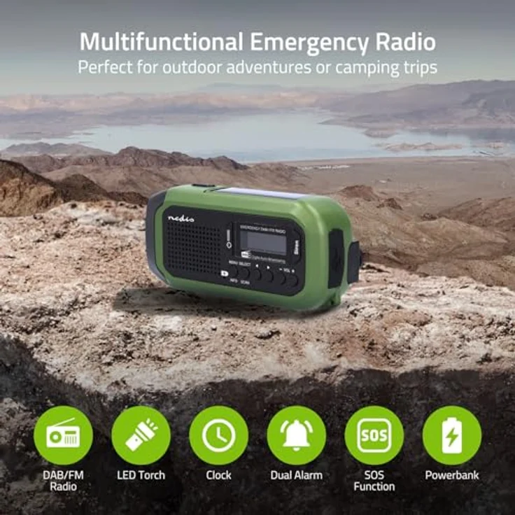 Nedis Tragbares Notfallradio DAB+/FM, batteriebetrieben, Handkurbel, solarbetrieben, USB-Stromversorgung, Wecker, grün/schwarz – Bild 2