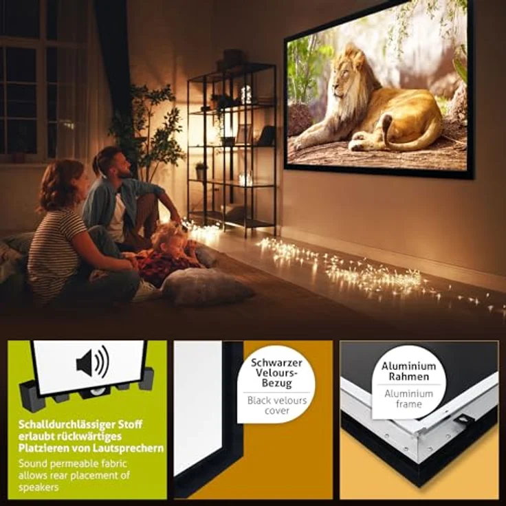 ESMART Professional MIRALE 84 Zoll Akustik Rahmen-Leinwand, mikroperforiertes Tuch, 186 x 105 cm (16:9) für Heimkino, schwarz – Bild 3