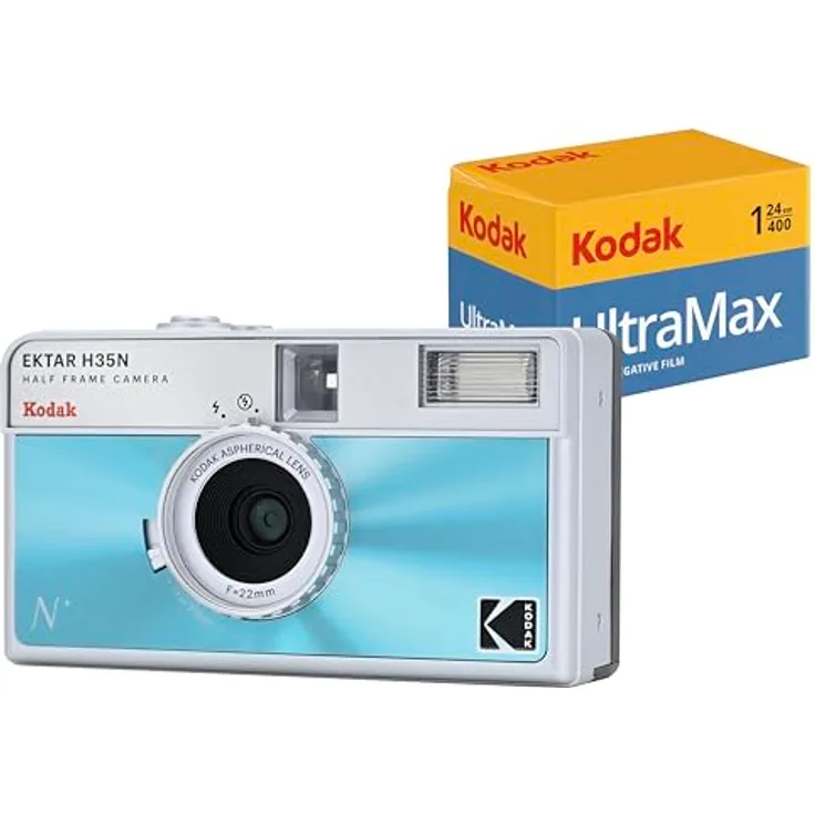Kodak EKTAR H35N Halbformat-Filmkamera-Set mit eingebautem Sternfilter, verbesserter Glaslinse, Birnenfunktion, blau glasiert