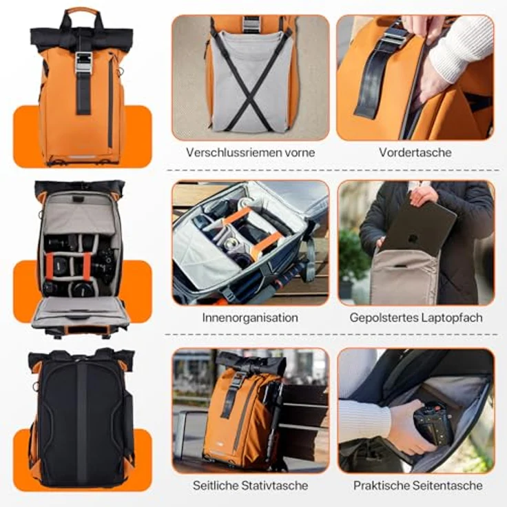 Rollei Fotoliner Ocean Rolltop, Wasserdichter 20L Kamerarucksack mit Laptopfach und Stativhalter, Orange – Bild 3