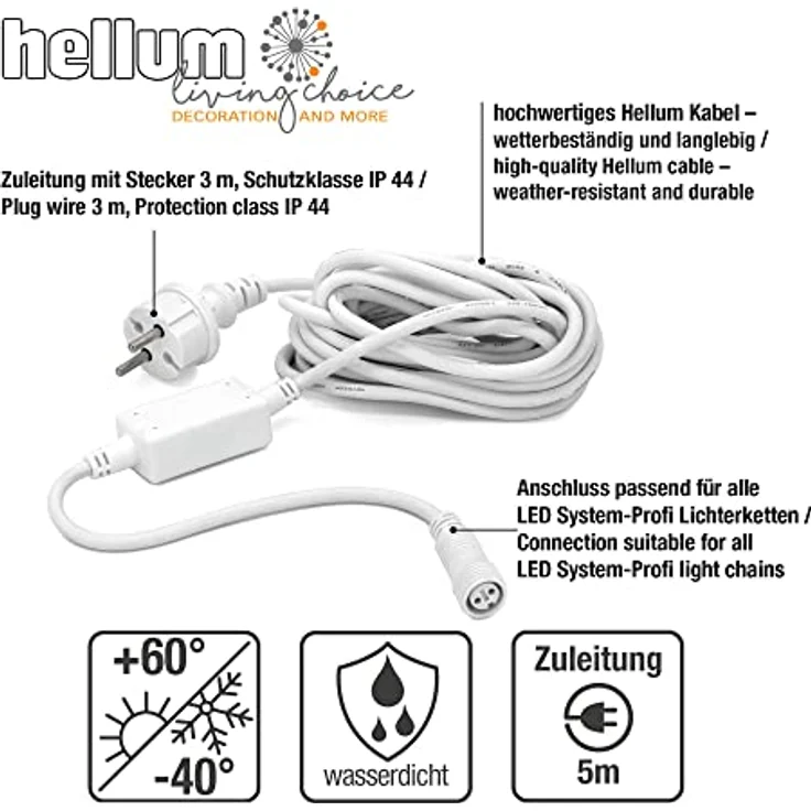 hellum 555431 Zuleitung Anschlusskabel für verlängerbare System-Profi Lichterketten, 5 m, innen & außen, weißes Kabel – Bild 2