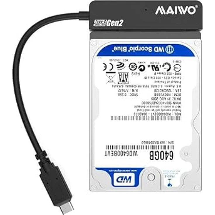 Maiwo K104AG2 10Gbps USB3.1 Gen2 SATA Adapter für 2,5" HDD/SSD, 2 TB, bis 12,5mm mit 10cm USB C-Kabel – Bild 3