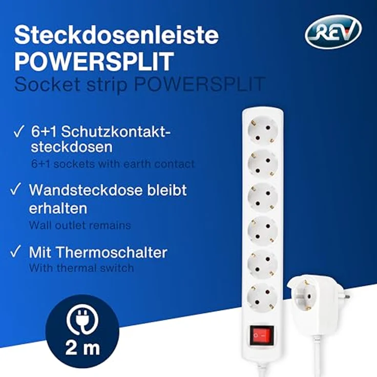 REV Powersplit Steckdosenleiste 6fach weiß – Mehrfachsteckdose mit Schalter, 2m Zuleitung – dank der Zusatz Steckdose kann die Wandsteckdose wie gewohnt weiter verwendet werden – Bild 2