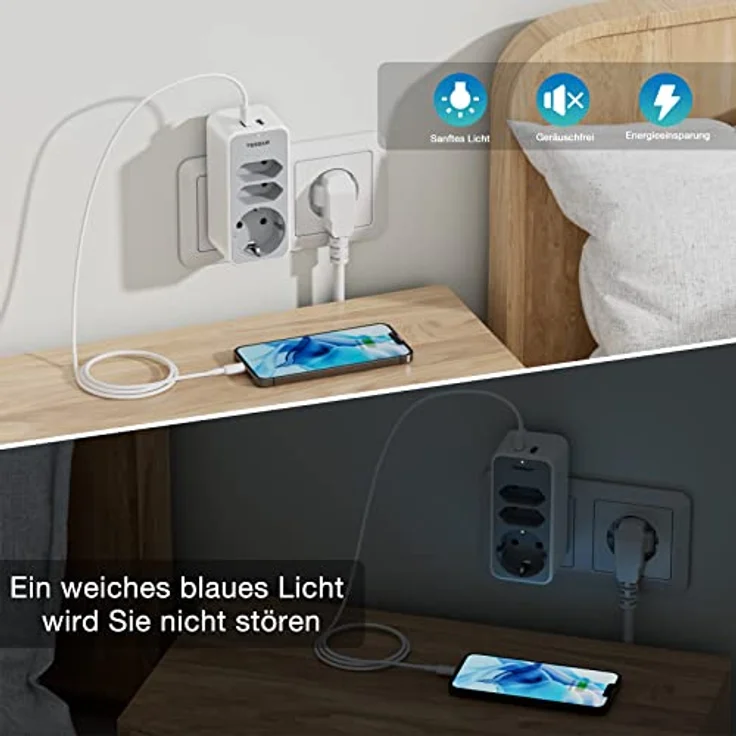 TESSAN Doppelstecker für Steckdose, 5 in 1 Mehrfachstecker für Steckdose, Steckdosenadapter 3Fach mit 2 USB Steckdose, dreifachsteckdose für doppelsteckdose mit USB Stecker, Grau, für Schulanfang – Bild 5