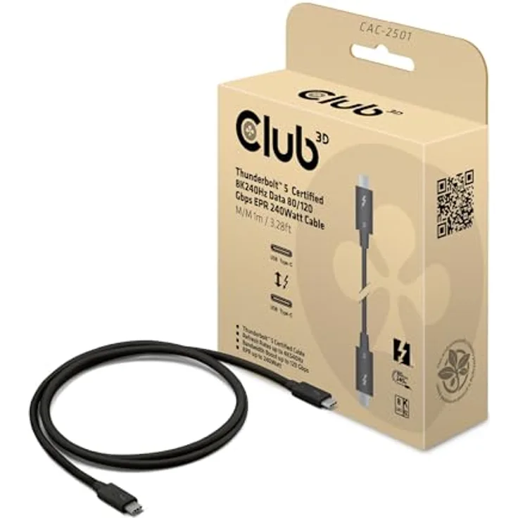 Club 3D Club3D Thunderbolt 5 Kabel, 1 m, 8K bei 240 Hz, 120 Gbps, USB 4.0, 240 W, zertifiziert