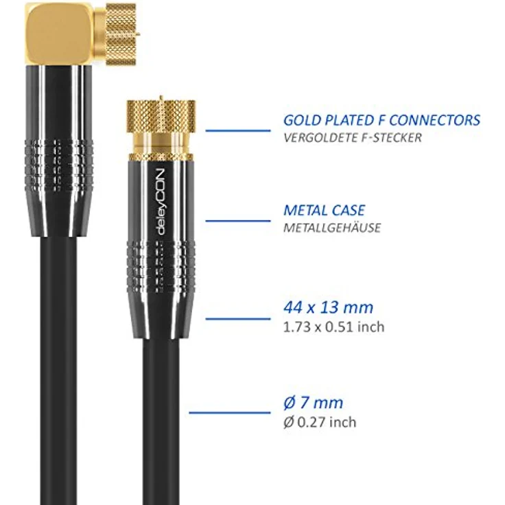 deleyCON 20m SAT Antennenkabel PREMIUM HDTV Satellitenkabel gewinkelt Koaxialkabel - F-Stecker (90° Grad) zu F-Stecker - Schwarz - METALL vergoldet – Bild 4