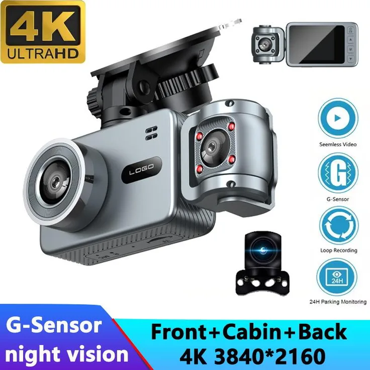 Exlene 4K-Dreifachobjektiv-Dashcam, 2160P vorne & 720P innen/hinten, Nachtsicht, WiFi-App-Steuerung, G-Sensor, 24/7 Parkmonitor