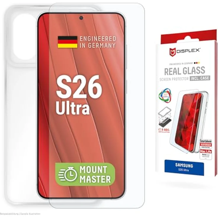 Displex Real Glass Schutzglas 10H + Schutzhülle für Samsung Galaxy S26 Ultra, 360° Displayschutz, blasenfreie Installation, transparent Case – Bild 1
